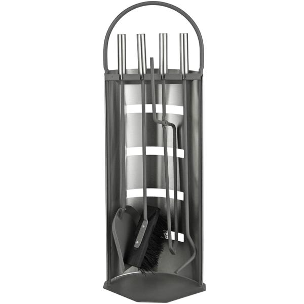 Komplettes & edles Kaminbesteck Set, 4-teilig, anthrazit/silber – inkl. Ständer, Feger, Schaufel, Schürhaken & Zange für den Kamin