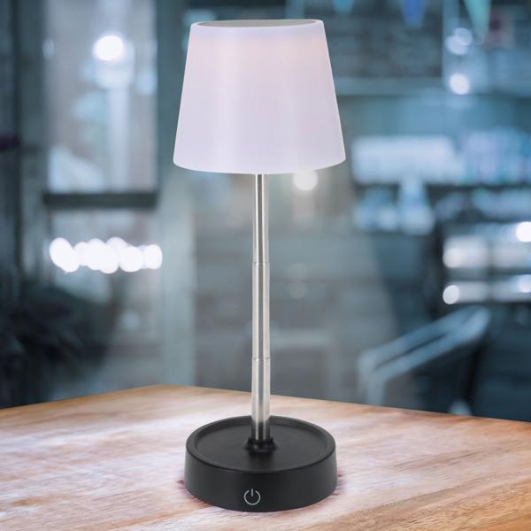 Akku LED-Tischlampe mit verstellbarer Höhe, 11,5 - 29,5 cm, 118lm, IP44, weiss-schwarz, klassisch formschönes Design 