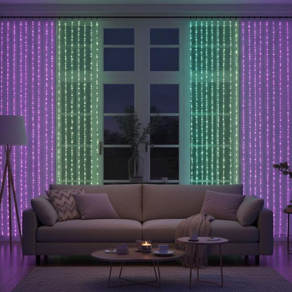 2er-Set Bunter LED-Lichtervorhang mit 240 LEDs, RGB, IP44, 6 x 0,6 m, stimmungsvolle Beleuchtung mit einem magischen Lichtspiel für Fenster, Wände