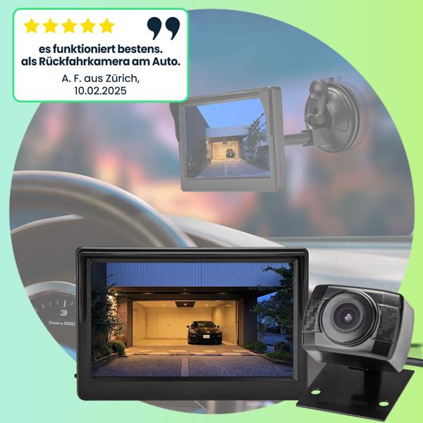 Kabellose Auto Funk-Rückfahrkamera, HD Qualität, FarbDisplay 12,7 cm, AHD-Sensor, IR Nachtsicht, Einparkhilfe für PKW, Gelände KFZ, Caravans
