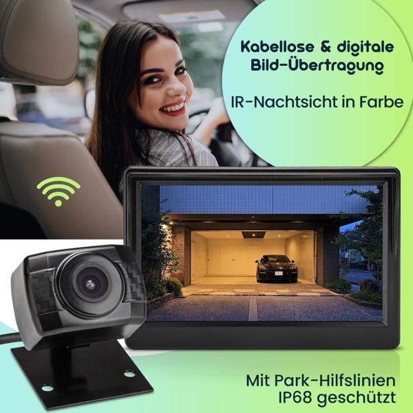 Kabellose Auto Funk-Rückfahrkamera, HD Qualität, FarbDisplay 12,7 cm, AHD-Sensor, IR Nachtsicht, Einparkhilfe für PKW, Gelände KFZ, Caravans