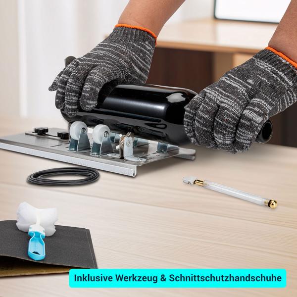 Glasschneider-Set mit Diamantschneidkopf – Flaschenschneider inkl. Sicherheitshandschuhe, Haltescheiben & Schleifpapier für Glasflaschen