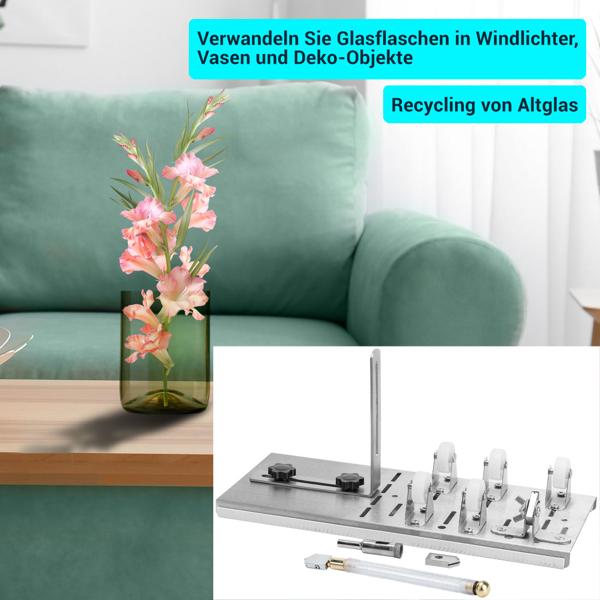 Glasschneider-Set mit Diamantschneidkopf – Flaschenschneider inkl. Sicherheitshandschuhe, Haltescheiben & Schleifpapier für Glasflaschen