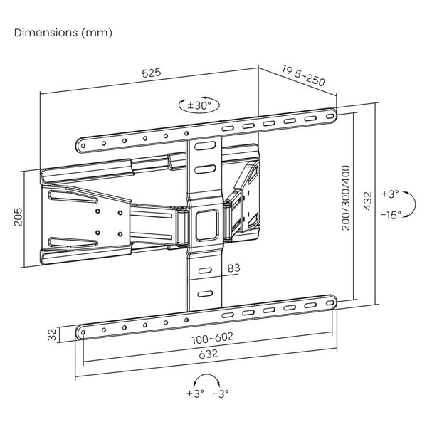 Robuste TV Wandhalterung für 43-90 Zoll TVs - Vollbeweglich & neigbar, 170° Drehung, 20° Neigung - VESA 200x200-600x400, bis 50 kg, ABS/Stahl, Schwarz