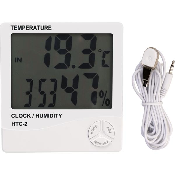Digitales Hygrometer & Thermometer mit Aussenfühler, Uhr & Wecker: LCD Display, weiss – Raumklima präzise messen
