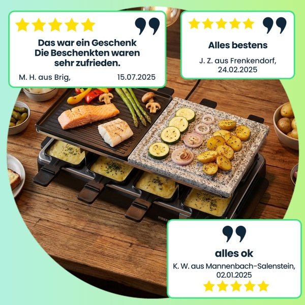 Elegantes Raclette-Set für 8 Personen (1300W) – Grill- und Steinplatte, Antihaftbeschichtung, Thermostat, Anthrazit – Hochwertiger Tischgrill für gesellige Abende
