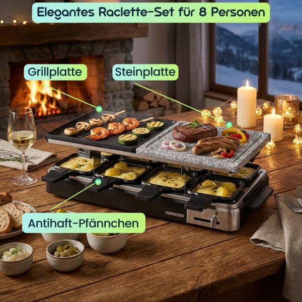 Elegantes Raclette-Set für 8 Personen (1300W) – Grill- und Steinplatte, Antihaftbeschichtung, Thermostat, Anthrazit – Hochwertiger Tischgrill für gesellige Abende
