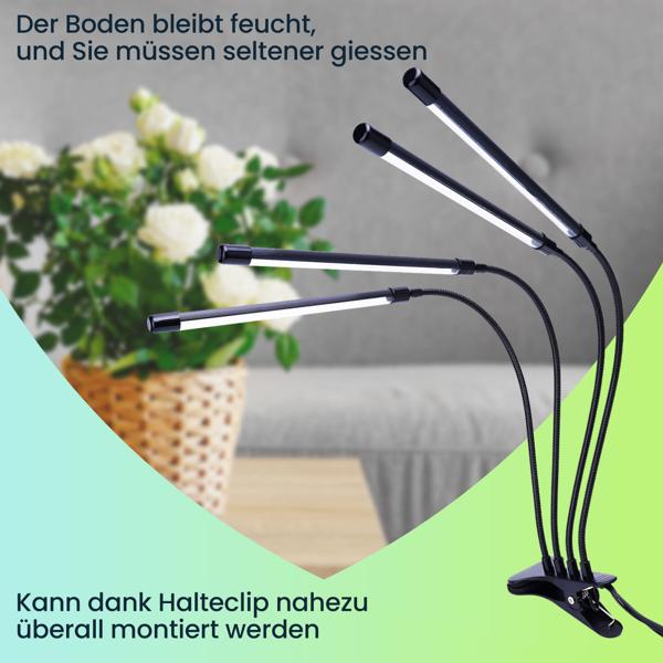 Wachstumsoptimierte LED Pflanzenlampe: 4-Armig, 360° Schwanenhälse, Vollspektrumlampe, 3 Modi, Dimmer & Timer – Für alle Pflanzen
