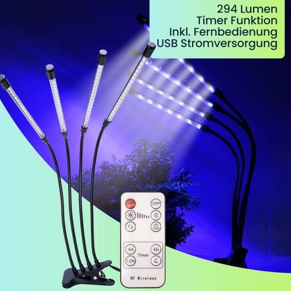 Wachstumsoptimierte LED Pflanzenlampe: 4-Armig, 360° Schwanenhälse, Vollspektrumlampe, 3 Modi, Dimmer & Timer – Für alle Pflanzen