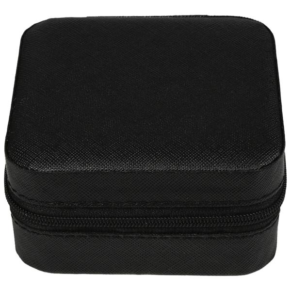 Reise-Schmuckbox Schwarz-Beige - Schutz für Schmuck unterwegs & zu Hause - Kratzfreies Material, 4 Fächer, Ringrollen, Haken, 9,5x9,5x5cm