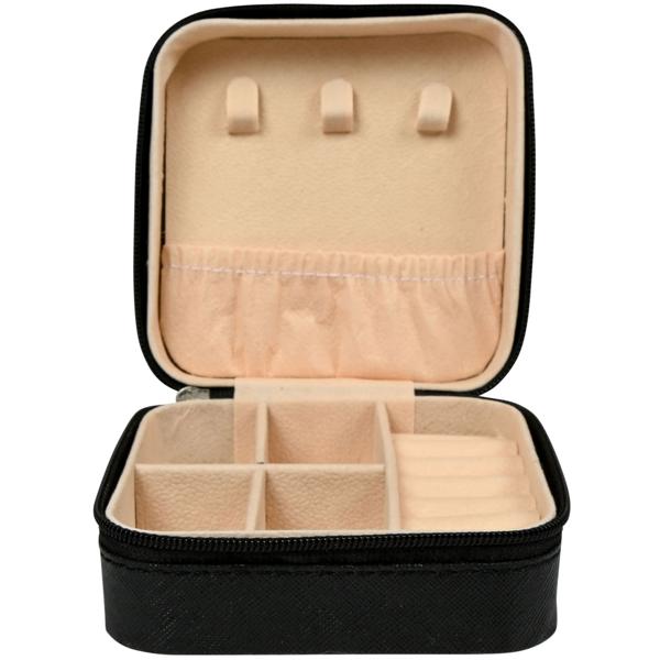 Reise-Schmuckbox Schwarz-Beige - Schutz für Schmuck unterwegs & zu Hause - Kratzfreies Material, 4 Fächer, Ringrollen, Haken, 9,5x9,5x5cm