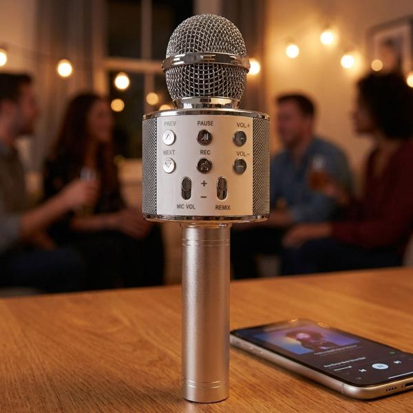 Kabelloses Karaoke-Mikrofon mit Lautsprecher - Singen, Aufnehmen, Party - Bluetooth, 4h Akku, Stimm-Effekte, Echo, Android/iOS, Spotify/YouTube, 3W, 600mAh, Silber