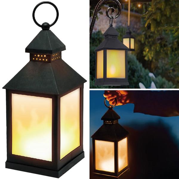 LED-Laterne mit Flammeneffekt schwarz - Realistisches Flackern für drinnen & draussen - 24 LEDs, IP20, Batteriebetrieb 10.5x10.5x24cm