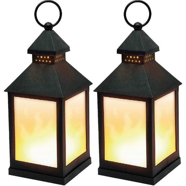 2er-Set LED-Laterne - realistischer Flammeneffekt durch 24 LEDs - batteriebetrieben, wetterfest, schwarz - 10.5x10.5x24 cm, IP20