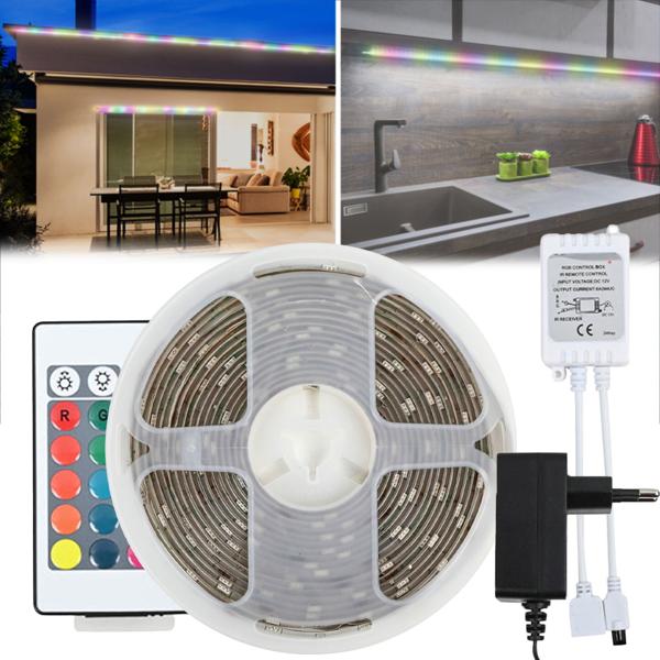LED Streifen RGB - 5 m dimmbar - IP65 für drinnen & draussen - 150 SMD5050 LEDs, 4 Lichteffekte, Fernbedienung, 12W - Stimmungsvolle Hintergrundbeleuchtung