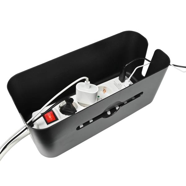 2er-Set Kabelbox Schwarz – Ordnung für Steckdosenleisten & Kabel-Chaos – Inkl. Handy-/Tablethalter & Sicherheitsfunktion – 31x13,5x13cm PP