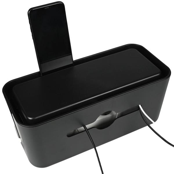 2er-Set Kabelbox Schwarz – Ordnung für Steckdosenleisten & Kabel-Chaos – Inkl. Handy-/Tablethalter & Sicherheitsfunktion – 31x13,5x13cm PP