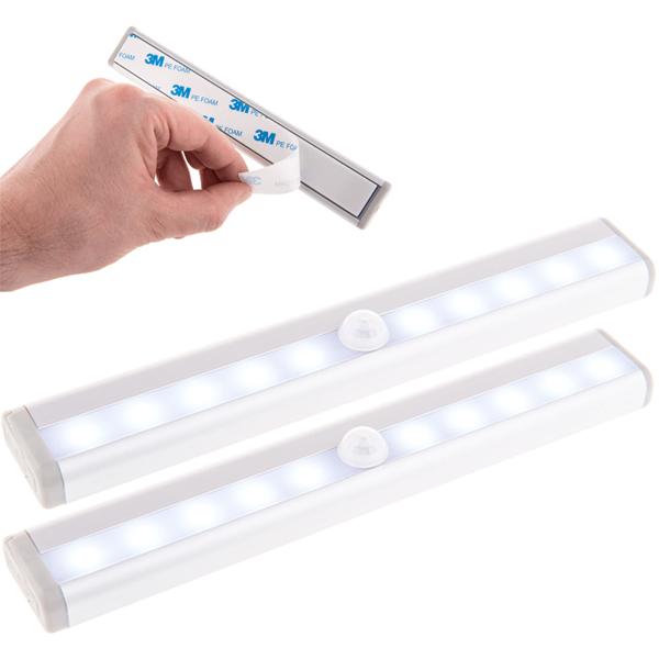 2er-Set LED Lichtleiste - Bewegungssensor - Automatische Beleuchtung Schränke, Treppen, Flure - Kabellos, batteriebetrieben AAA - 19x3cm, Weiss/Grau