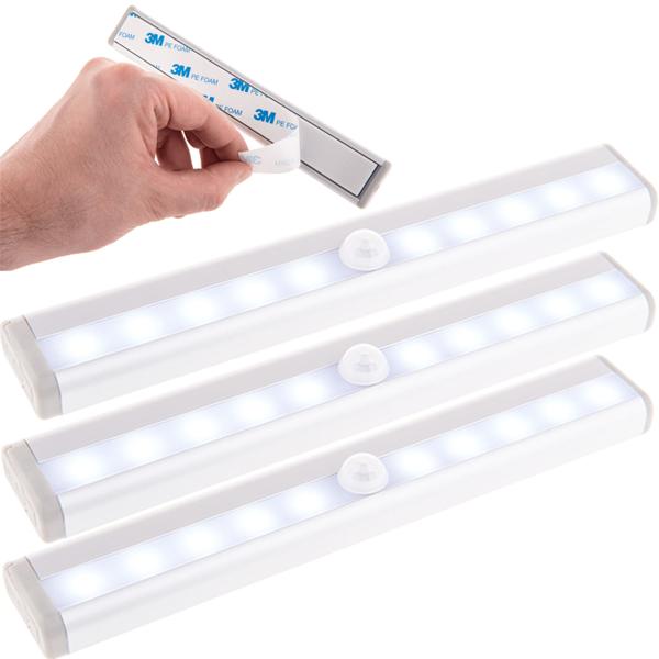 3er-Set LED Lichtleiste mit Bewegungssensor – Batteriebetrieben für kabellose Montage – Ideal für Schrank, Treppe, Flur – Inkl. 3M Klebeband, Aluminium/Kunststoff Weiss/Grau