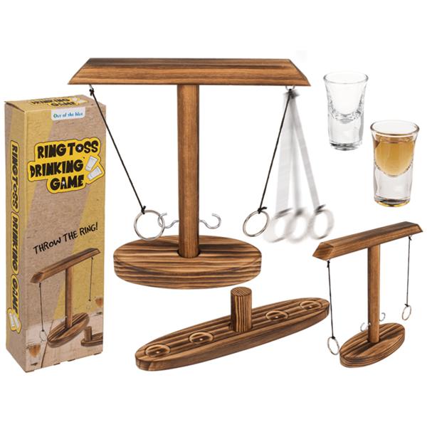 Ringwurf-Trinkspiel aus Echtholz, mit 2 Shotgläsern – Hochwertiges Hakenspiel für gesellige Abende, stilvolles Design, Ring Toss Hook Battle Game