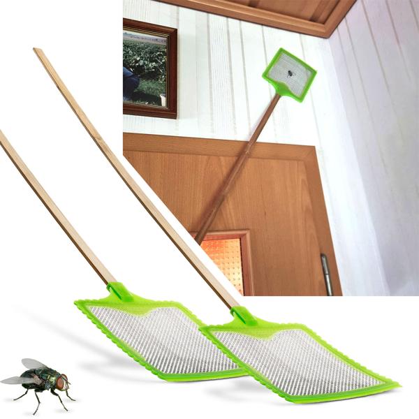 2er-Set XL Fliegenklatsche mit Bambus-Stab – 75 cm extra lang für mühelose Insektenbekämpfung von Mücken & Motten – hygienisch & robust