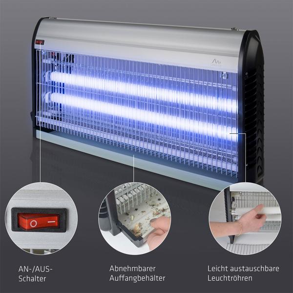 Profi UV-Insektenvernichter, 45W, 2 UV-Röhren: Bis 150m², chemiefrei, Stellen/Hängen, für insektenfreie Bereiche, leistungsstark und sicher
