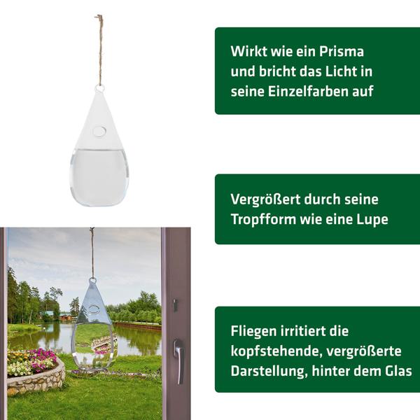 2er-Set Insektenabwehr Glas Tropfenform - Schutz vor Fliegen & Wespen - umweltfreundlich, chemiefrei, Spiegeleffekt - 10x20cm - ideal für Fenster/Türen, tierfreundlich