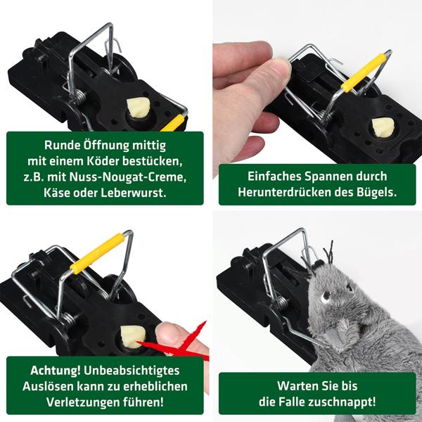 4er-Set Mausefallen aus robustem Kunststoff - Effektive Schlagfalle für Innen- & Aussenbereich - Wiederverwendbar, hygienisch & leicht zu reinigen