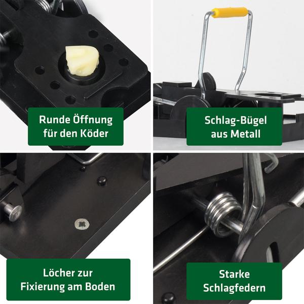 4er-Set Mausefallen aus robustem Kunststoff - Effektive Schlagfalle für Innen- & Aussenbereich - Wiederverwendbar, hygienisch & leicht zu reinigen