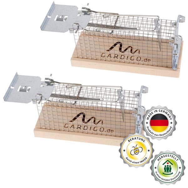 Effektive Maus-Käfigfalle, 2er-Set, Lebendfalle, aus Holz & Metall – wiederverwendbar, 15 x 5,5 x 7,3 cm, sicheres Fangen von Mäusen