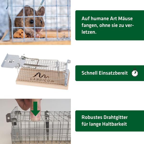 Effektive Maus-Käfigfalle, 2er-Set, Lebendfalle, aus Holz & Metall – wiederverwendbar, 15 x 5,5 x 7,3 cm, sicheres Fangen von Mäusen