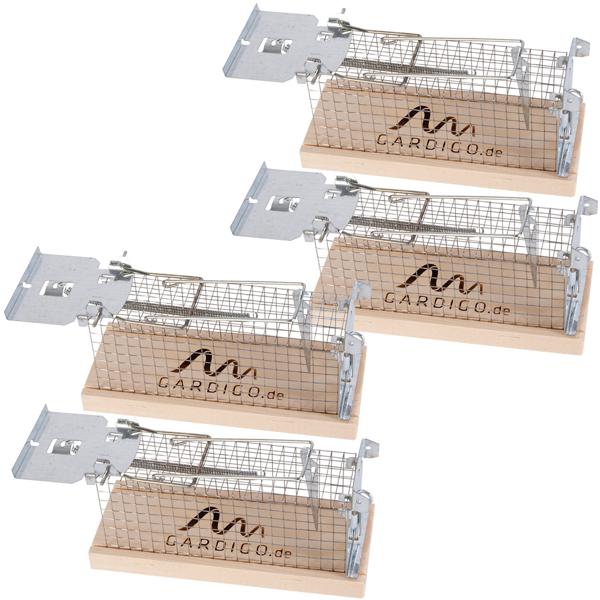 4er-Set Effektive Maus-Käfigfalle, Lebendfalle, aus Holz & Metall – wiederverwendbar, 15 x 5,5 x 7,3 cm, sicheres Fangen von Mäusen