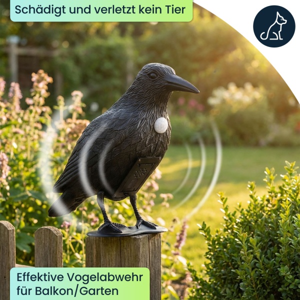 Realistische Vogelabwehr Krähe mit Sound: Batteriebetriebener Raben Vogelschreck für effektive Vogelabwehr. Natürliche Krähengeräusche zur Abschreckung