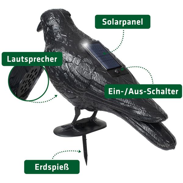 Effiziente Vogelabwehr Krähe mit Sound: Solarbetriebener Raben Vogelschreck für effektive Vogelabwehr. Natürliche Krähengeräusche zur Abschreckung