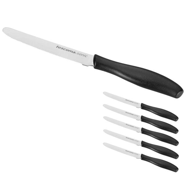 6er-Set Frühstücksmesser - Wellenschliff für Brötchen, Butter, Tomaten - 12 cm Klingenlänge - Rostfreier Edelstahl, spülmaschinenfest, ergonomisch, schwarz