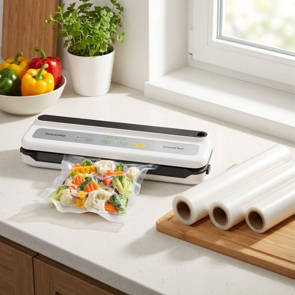 Vakuumiergerät 110 Watt - Effektives Vakuumieren fester & flüssiger Lebensmittel für Sous-Vide & Marinieren - Inkl. 3er-Folienrollen Set