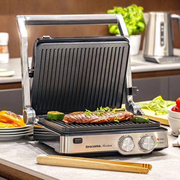 2in1 Premium Tisch- und Kontaktgrill, Edelstahl, Temperaturregler und Kurzzeitmesser, 2000 W, schwarz/silber, 3 Jahre Hersteller Garantie