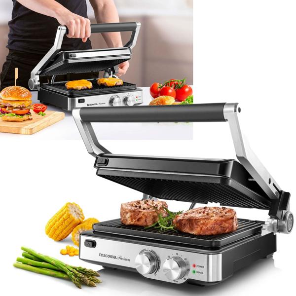 2in1 Premium Tisch- und Kontaktgrill, Edelstahl, Temperaturregler und Kurzzeitmesser, 2000 W, schwarz/silber, 3 Jahre Hersteller Garantie