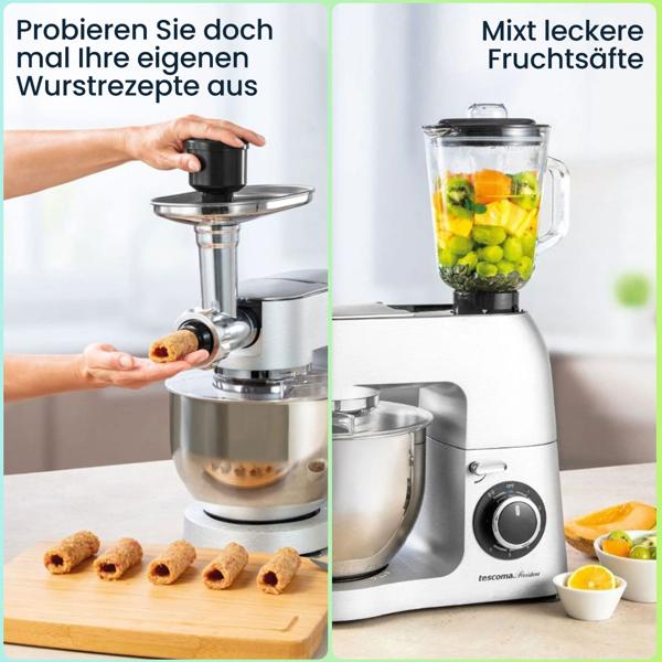 Profi-Edelstahl Küchenmaschine 1500W mit 6L Schüssel – Standmixer inkl. Fleischwolf, Raspel, Mixer & Rührbesen – 3 Jahre Garantie