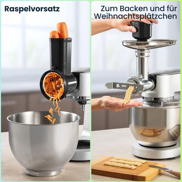 Profi-Edelstahl Küchenmaschine 1500W mit 6L Schüssel – Standmixer inkl. Fleischwolf, Raspel, Mixer & Rührbesen – 3 Jahre Garantie