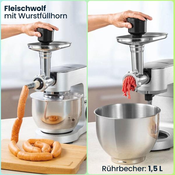 Profi-Edelstahl Küchenmaschine 1500W mit 6L Schüssel – Standmixer inkl. Fleischwolf, Raspel, Mixer & Rührbesen – 3 Jahre Garantie