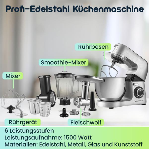 Profi-Edelstahl Küchenmaschine 1500W mit 6L Schüssel – Standmixer inkl. Fleischwolf, Raspel, Mixer & Rührbesen – 3 Jahre Garantie
