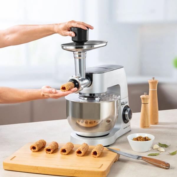 Profi-Edelstahl Küchenmaschine 1500W mit 6L Schüssel – Standmixer inkl. Fleischwolf, Raspel, Mixer & Rührbesen – 3 Jahre Garantie