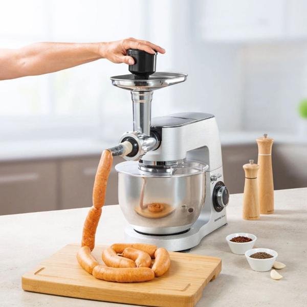 Profi-Edelstahl Küchenmaschine 1500W mit 6L Schüssel – Standmixer inkl. Fleischwolf, Raspel, Mixer & Rührbesen – 3 Jahre Garantie