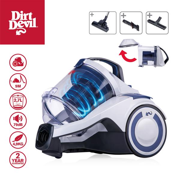 Kraftvoller Zyklonstaubsauger (700W) von Dirt Devil: Beutelloser Staubsauger mit 2,7L Staubbehälter, HEPA-Filter & Zubehör – weiß-blau