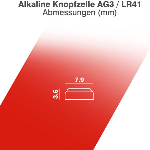 10 Alkaline-Knopfzellen LR41/AG 3/LR736 - Quecksilber-frei, vielseitig für Uhren, Taschenrechner, Hörgeräte - 1.5V, Ø 7.9x3.6mm, 28 mAh