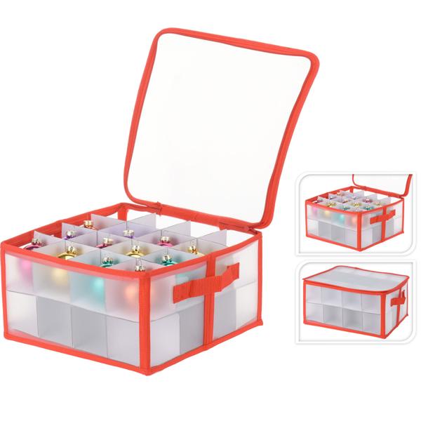 Aufbewahrungsbox für Weihnachtskugeln - 32 Fächer, Schutz vor Staub & Beschädigungen - 34x34x17 cm, robustem Kunststoff, rot-weiss