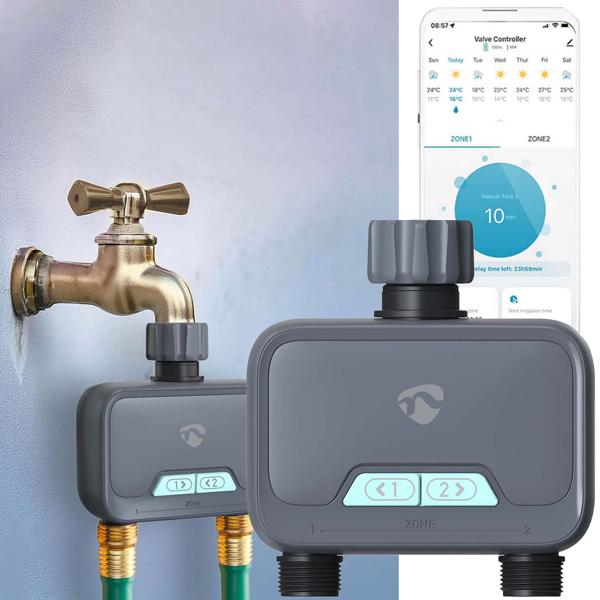 Smarter 2-Wege-Wasserverteiler mit Timer-per App & manuell steuerbar, anthrazit-grau, intelligentes Bewässerungssystem für optimale Gartenbewässerung
