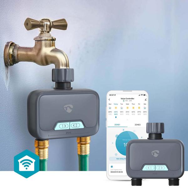 Smarter 2-Wege-Wasserverteiler mit Timer-per App & manuell steuerbar, anthrazit-grau, intelligentes Bewässerungssystem für optimale Gartenbewässerung