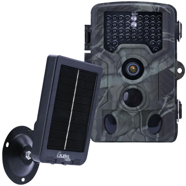 Full-HD-Wildkamera 24 MP mit 3 Bewegungssensoren, Nachtsicht, Serienbild- & Zeitraffer-Funktion, Farbdisplay, wetterfest, inkl. Akku Solarpanel, 3000 mAh